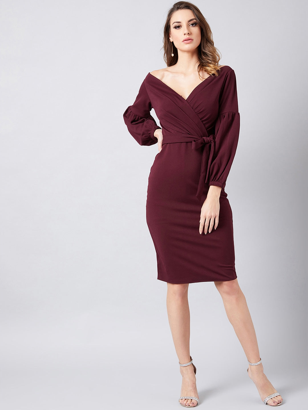 Dramatic Entrance Lantern Sleeve Wrap Dress in Plum